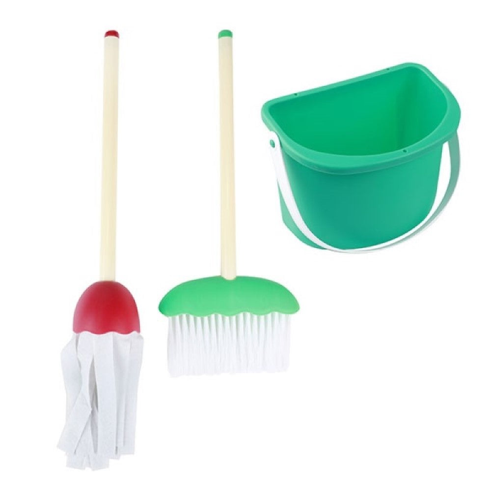 So ist dein kleiner Helfer oder deine kleine Helferin gut für den Hausputz ausgerüstet! Set mit Mop, Eimer, Besen und Haushaltsplan