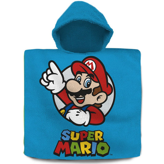 Blauer Poncho mit Super Mario mit einer flauschigen Kapuze