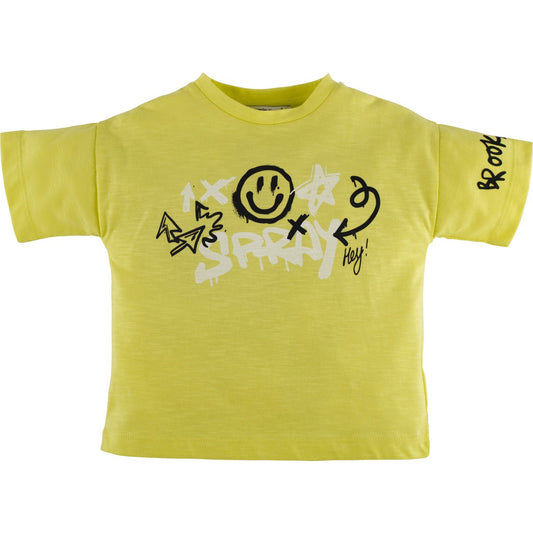 Stylisches T-Shirt in gelb mit coolen Schriftzügen und Smiley