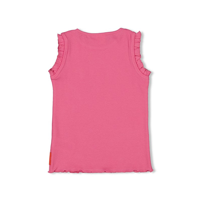 Süßes Rippshirt mit Rüschen und kleiner Erdbeere in Pink