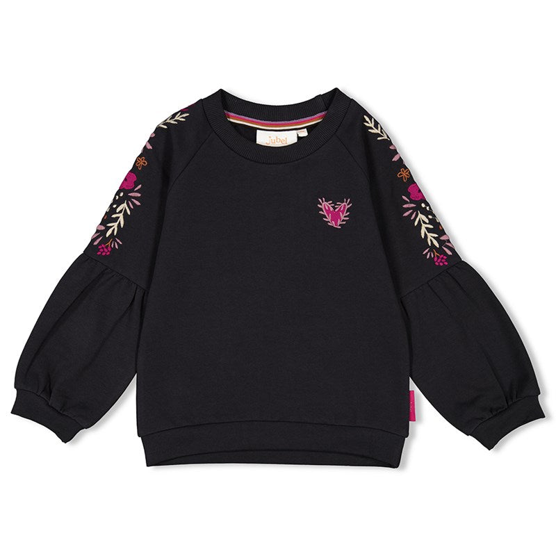 Schöner ausgefallener Sweater in Anthrazit mit pinker Blumenverzierung und Herz