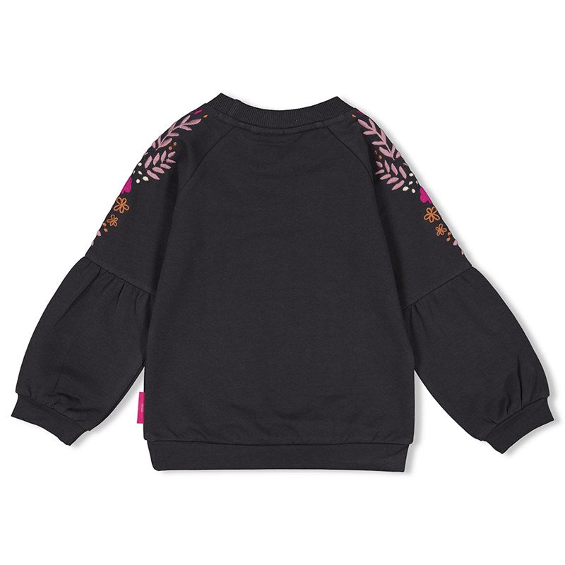 Schöner ausgefallener Sweater in Anthrazit mit pinker Blumenverzierung und Herz