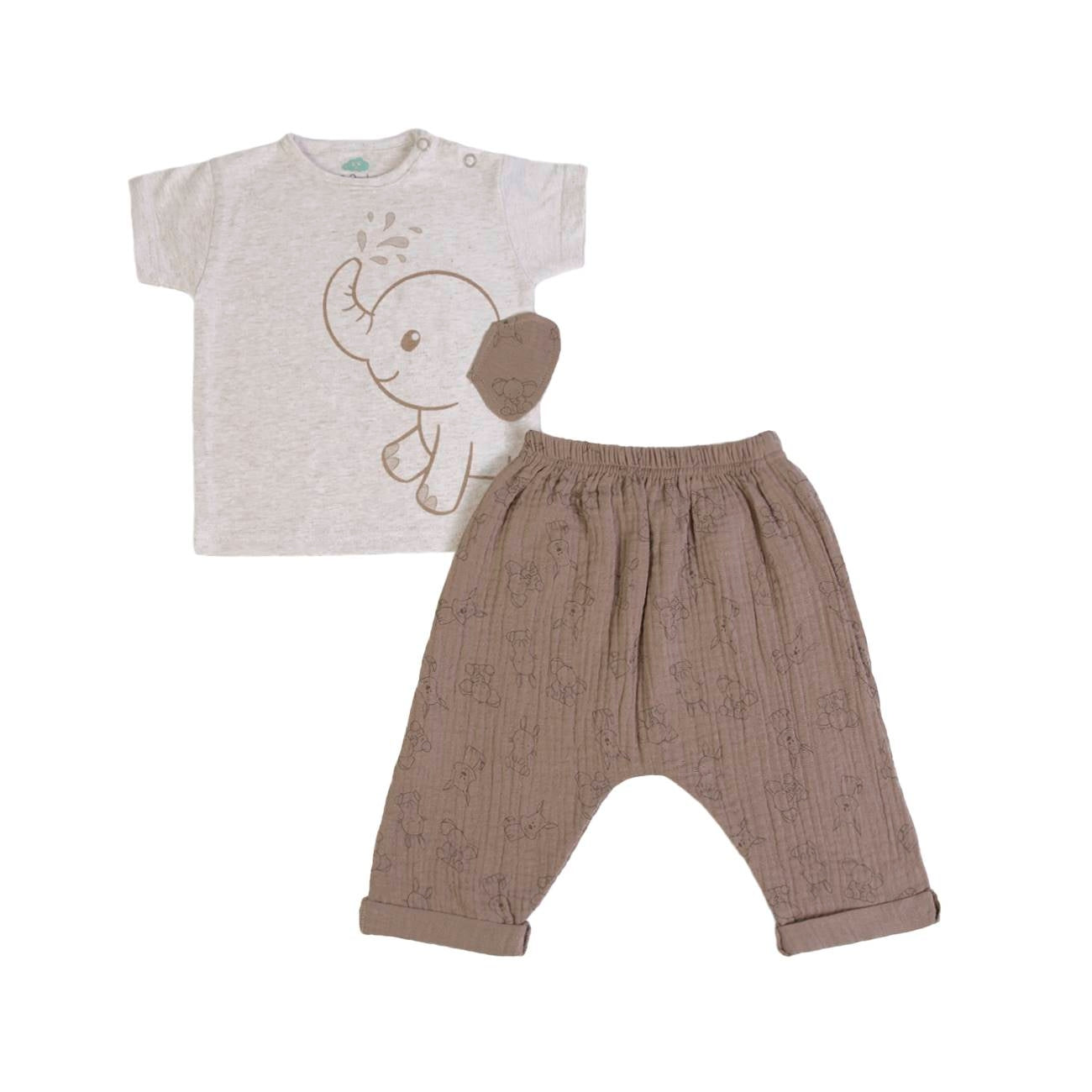 Schönes Set für den Sommer bestehend aus T-Shirt mit Elefant und brauner Musselin-Hose 