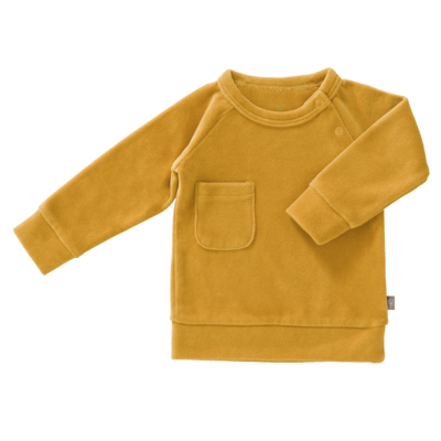 Schöner Baby-Pulli aus weichem Velour in senf-gelb. Hergestellt aus Biio-Baumwolle.
